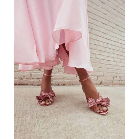 NEW LOEFFLER RANDALL women's camellia pleated bow heel sandal in metallic rose - Picture 5 of 5